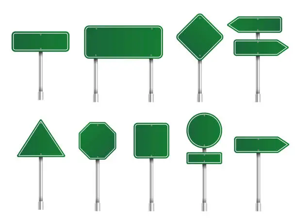 Vector illustration of Set of green road signs. Directional signs. Realistic style. Vector graphics.