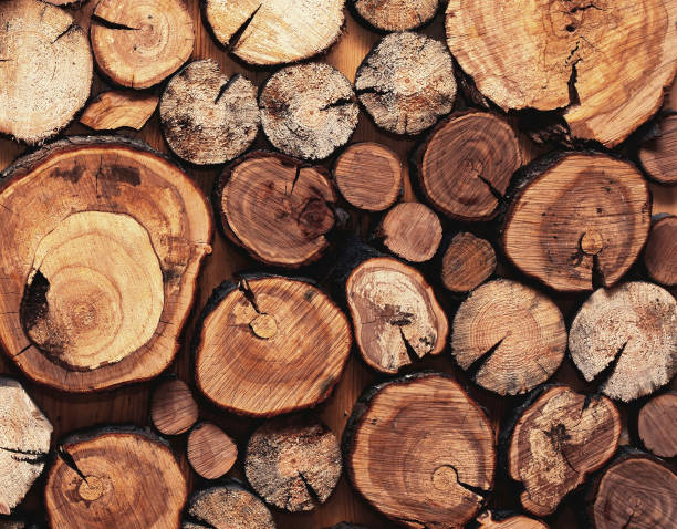 istock Close up modern creative decor wall with stacked wooden sawn logs background 1188616809