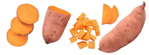 Sweet potato isolated on white background closeup. Top view. Flat lay