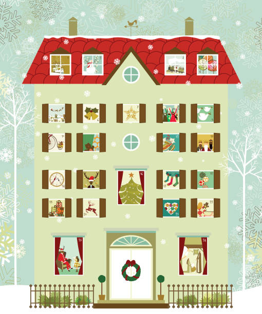 ilustraciones, imágenes clip art, dibujos animados e iconos de stock de calendario de advenimiento de la casa - calendario adviento
