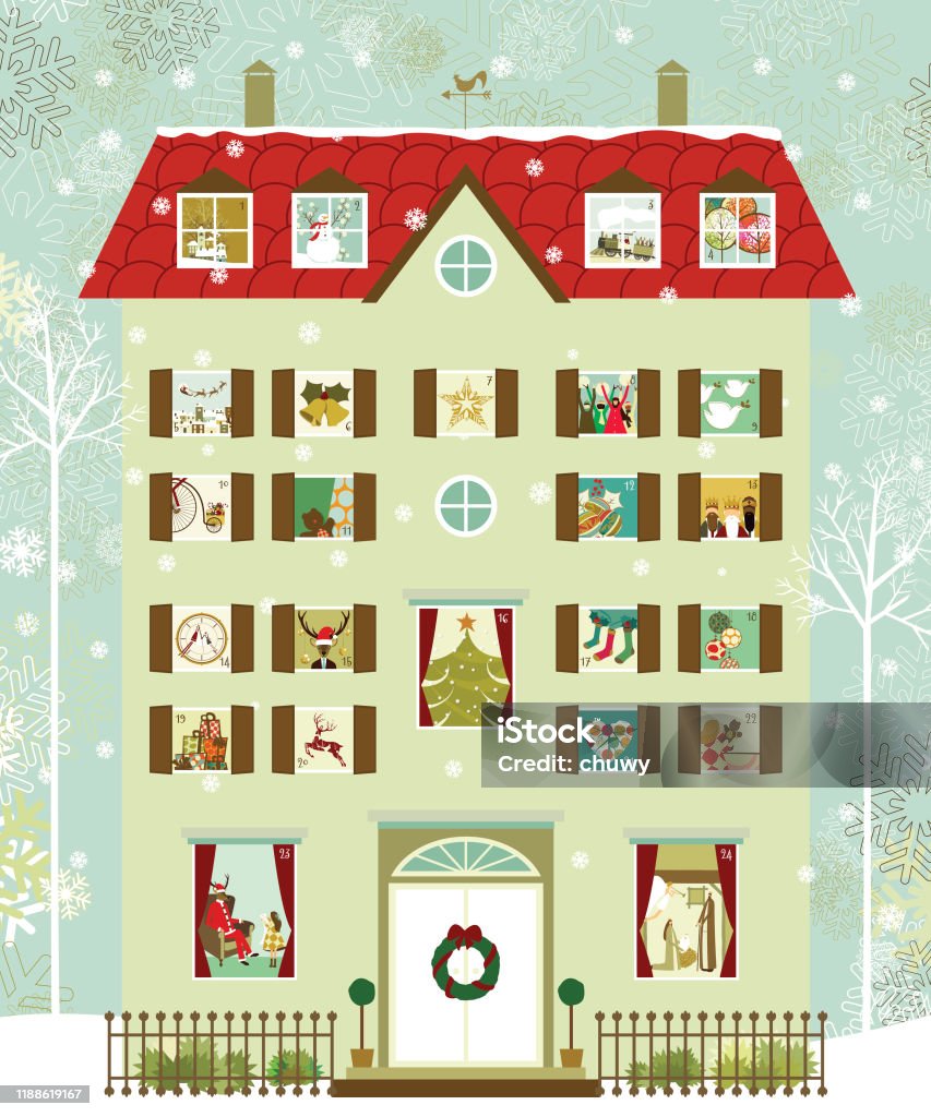 House advent calendar Victorian house style with different christmas scenes in each window Advent Calendar stock vector