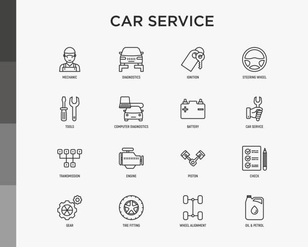 ilustraciones, imágenes clip art, dibujos animados e iconos de stock de conjunto de iconos de línea delgada de servicio de coche: mecánico, diagnóstico de computadora, encendido, volante, batería, transmisión, motor, pistón, gasolina de aceite, ajuste de neumáticos. ilustración vectorial moderna. - auto repair shop illustrations