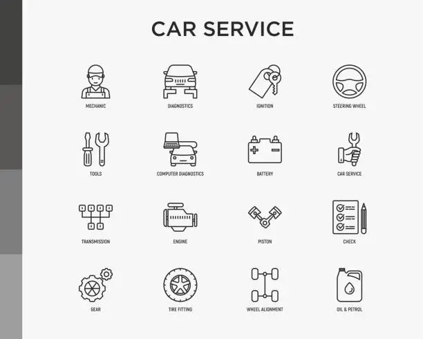 Vector illustration of Car service thin line icons set: mechanic, computer diagnostics, ignition, steering wheel , battery, transmission, engine, piston, oil petrol, tire fitting. Modern vector illustration.