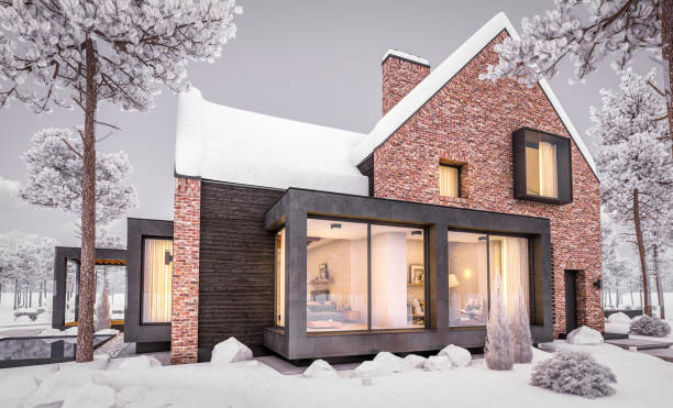 istock 3d rendering of modern clinker house on the ponds with pool in evening night 1188621838