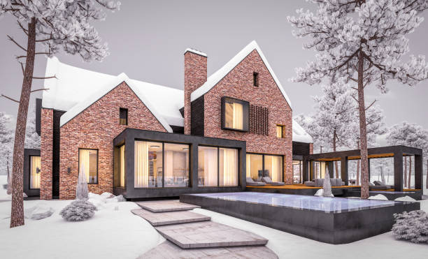 istock 3d rendering of modern clinker house on the ponds with pool in evening night 1188621839