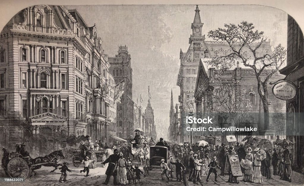 Ilustración antigua - Nueva York 1881 - Broadway Sur de la oficina de correos - Ilustración de stock de Ciudad de Nueva York libre de derechos