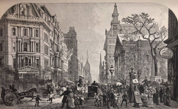Antique illustration - New York 1881 - Broadway South from the Post Office New York 1881 19th century stock illustrations