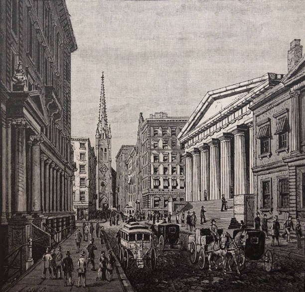 ilustraciones, imágenes clip art, dibujos animados e iconos de stock de ilustración antigua - nueva york 1881 - wall street con el edificio del tesoro a la derecha y la iglesia de la trinidad en la cabecera de la calle - wall street