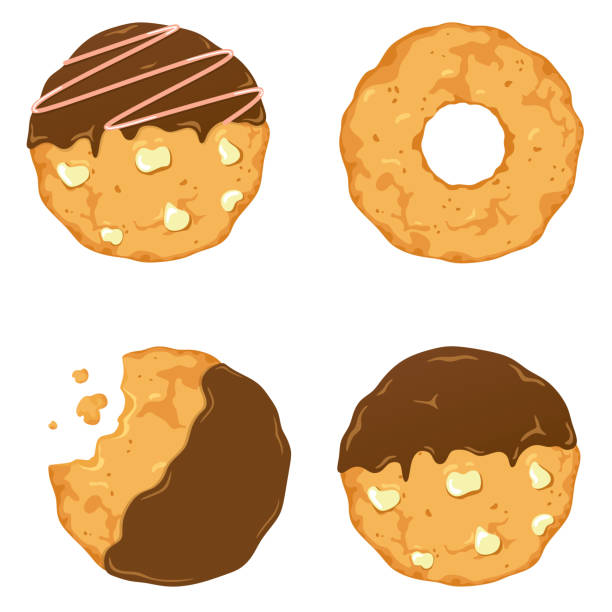 Traditional cookies with chocolate crisps. Bitten, broken, cookie crumbs. Vector illustration in cartoon flat style. Traditional cookies with chocolate crisps. Bitten, broken, cookie crumbs. Vector illustration in cartoon flat style. chocolate white chocolate chocolate chip white stock illustrations