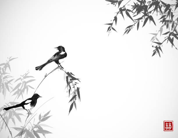 bambusbäume und zwei elstern vögel. traditionelle orientalische tinte malerei sumi-e, u-sin, go-hua. hieroglyphe - doppeltes glück. - echte elster gattung stock-grafiken, -clipart, -cartoons und -symbole