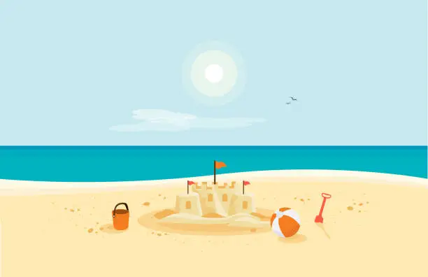 Vector illustration of Sand Castle on Sandy Beach with Blue Sea Ocean and Clear Summer Sunny Sky