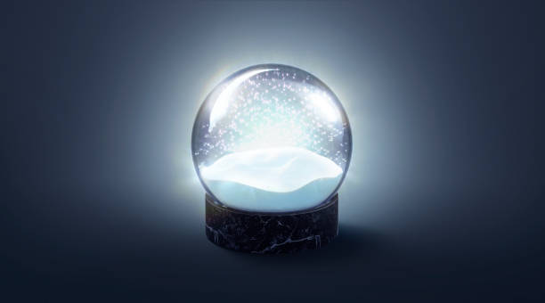 istock Blank crystal glowing snow globe mockup on blue background 1188628218
