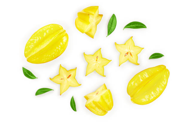 istock Carambola or star-fruit with leaf isolated on white background. Top view. Flat lay 1188628246