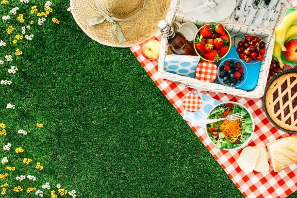 Summertime picnic setting on the grass with open picnic basket, fruit, salad and cherry pie