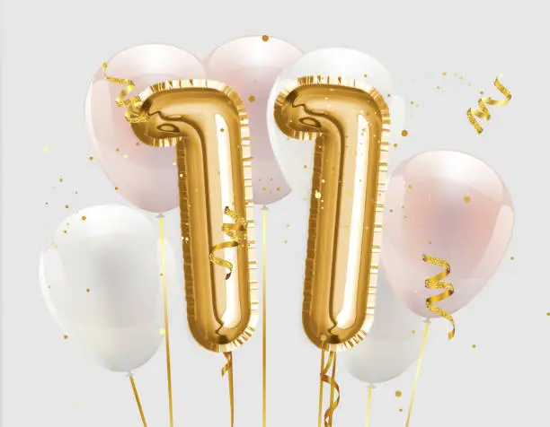 Happy 11th birthday gold foil balloon greeting background. 11 years anniversary logo template- 11th celebrating with confetti. "illustration 3D"