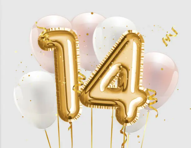 Happy 14th birthday gold foil balloon greeting background. 14 years anniversary logo template- 14th celebrating with confetti. `illustration 3D`