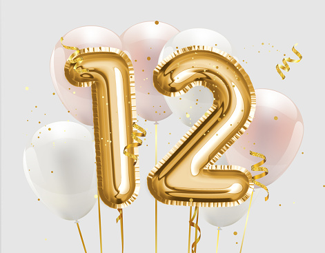 Happy 12th birthday gold foil balloon greeting background. 12 years anniversary logo template- 12th celebrating with confetti. 