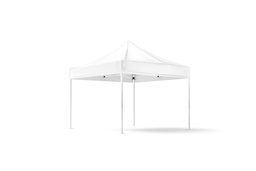 Blank white pop-up canopy tent mock up, half-turned view, 3d rendering. Empty velarium for camp or exposition mockup isolated. Clear outdoor shed for rain protection mokcup template.