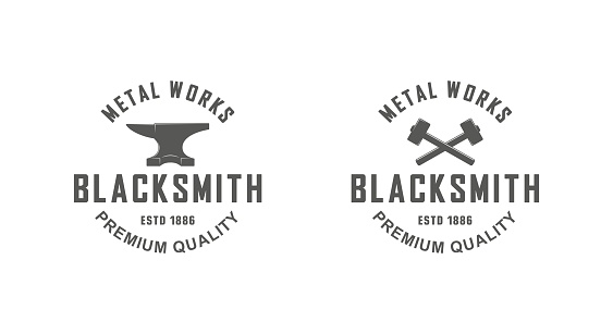 Black and white illustration of a set of blacksmith logos on a white background