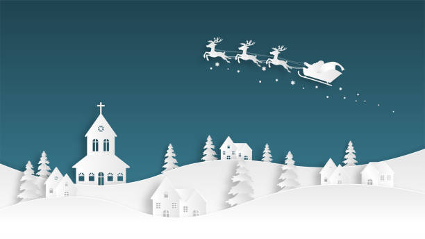 ilustraciones, imágenes clip art, dibujos animados e iconos de stock de celebración de navidad. papá noel volando en el cielo sobre el pueblo en estilo de corte de papel. fondo de arte de papel artesanal digital. - winter snow non urban scene house