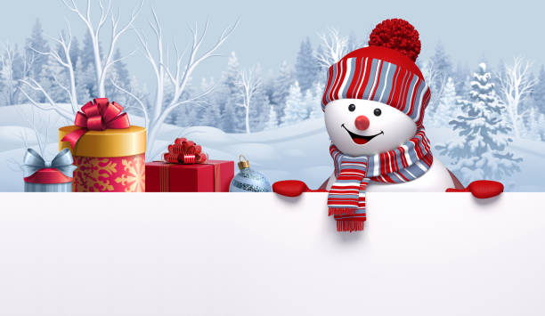 istock Christmas greeting card template. 3d happy snowman and wrapped gift boxes over winter landscape background. Snowy forest. Festive mockup, blank banner, digital illustration. 1188639587