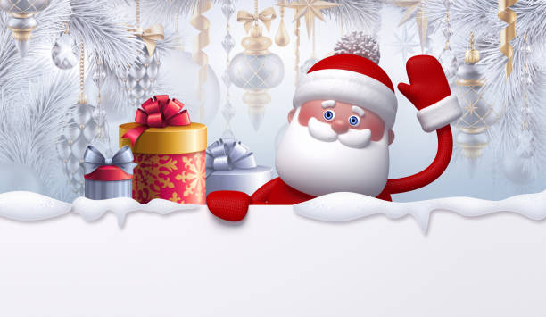 istock 3d render of cute Santa Claus character and gift boxes, decorated Christmas tree, hanging ornaments, balls. Winter holidays background, blank banner, greeting card template, digital illustration 1188639607