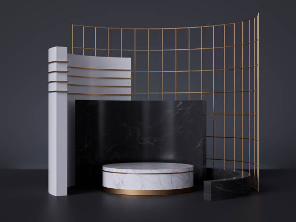 istock 3d render, white marble pedestal isolated on black background, golden grid, cylinder podium, abstract minimal concept, blank space, clean design, commercial product showcase, luxury minimalist mockup 1188642830