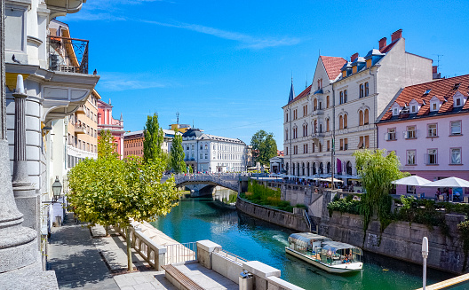 The city centre of Ljubljana, located along the Ljubljanica river.