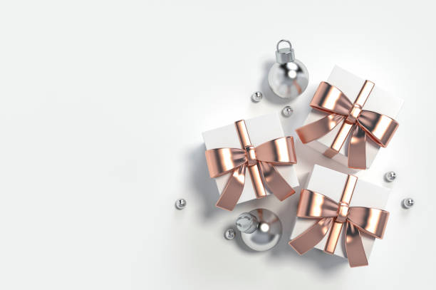 White Gift Box With Rose Gold Ribbon With Metallic Christmas Ball Ornaments  On Pastel White Background 3d Rendering Stock Photo - Download Image Now -  iStock