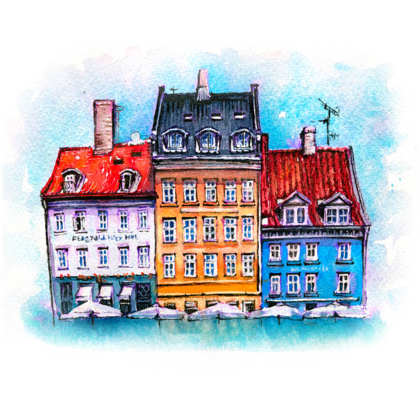 Watercolor sketch of Nyhavn, Copenhagen, Denmark. Watercolor sketch of colorful facades of old houses on Nyhavn harbour in the Old Town of Copenhagen, capital of Denmark. nyhavn stock illustrations