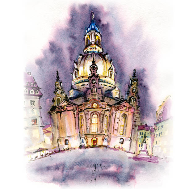 illustrazioni stock, clip art, cartoni animati e icone di tendenza di frauenkirche di notte a dresda, germania - church of our lady dresden illustrations