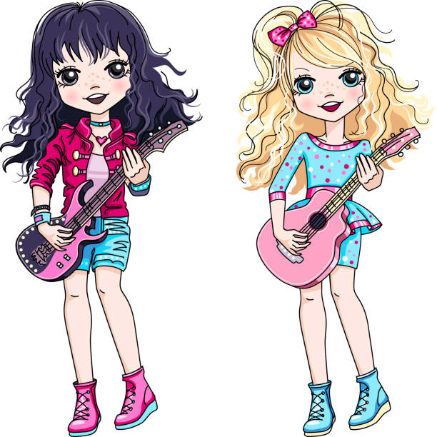 Vector Two Girls Playing Guitar Stock Illustration - Download Image Now -  Illustration, Rock Musician, Girls - iStock