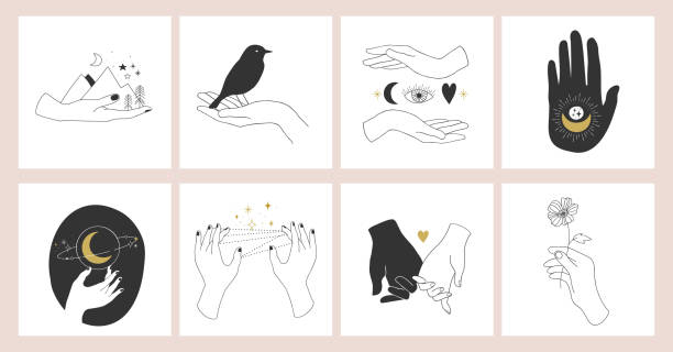Collection of fine, hand drawn style logos and icons of hands. Fashion, skin care and wedding concept illustrations. Collection of fine, hand drawn style logos and icons of hands. Fashion, skin care and wedding concept illustrations. spirituality illustrations stock illustrations