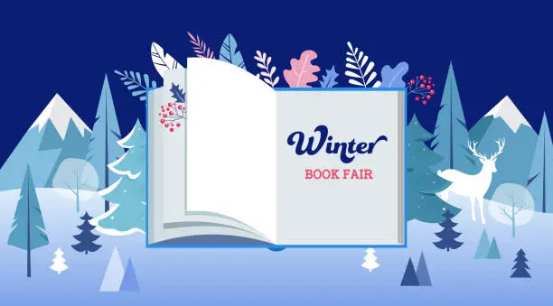 Vector illustration of Winter wonderland, Book fair banner with open book and frozen trees. Vector illustration