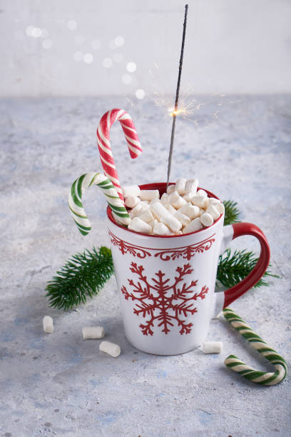 istock Christmas cup with sugar cocoa marshmallows and candy . Fir branches on light background Copy space 1188652747