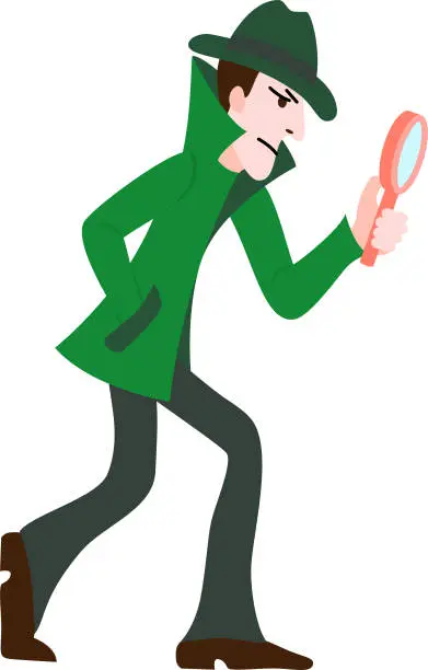 Vector illustration of Cartoon character. Detective look through magnifying glass and look for evidence. Vector color illustration