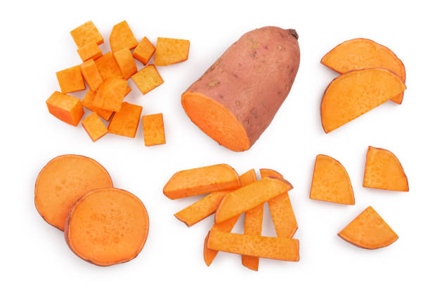 Sweet potato isolated on white background closeup. Top view. Flat lay.