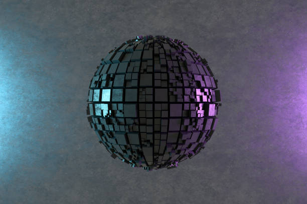 Abstract 3D rendering of Cubes, Geometric Shapes on Sphere with black grunge background.
