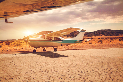 Pre flight plane at the airport in Namibia desert