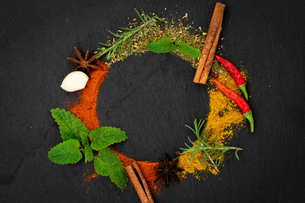 istock Colourful various herbs and spices on dark background. Top view with copy space 1188664000