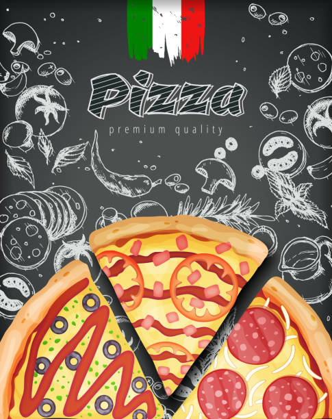 Italian pizza ads or menu with illustration rich toppings dough on engraved style chalk doodle background Italian pizza ads or menu with illustration rich toppings dough on engraved style chalk doodle background engraving food onion engraved image stock illustrations