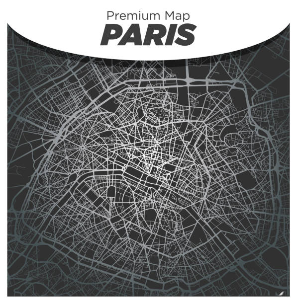 Elegant Silver Map of Paris City Center on Dark Gray Background vector art illustration