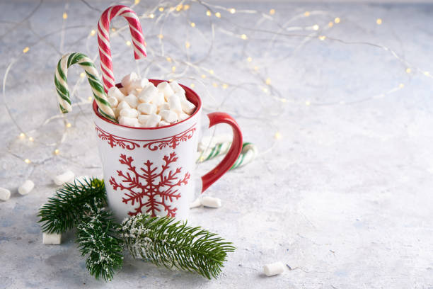 istock Christmas cup with sugar marshmallows and candy . Fir branches on light background Copy space. 1188671094