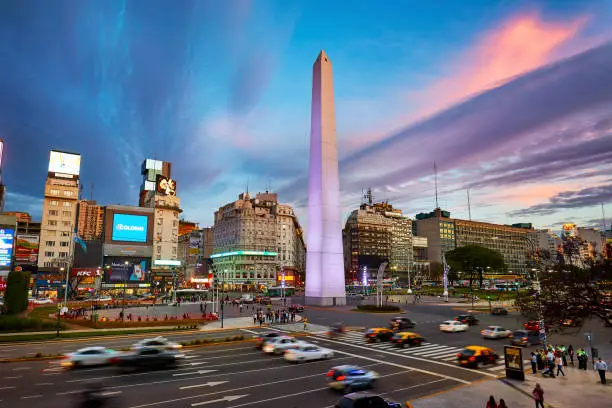 High up view of Obelisk at Avenue of 9 de Julio at sunset, Buenos Aires.