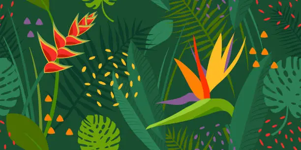 Vector illustration of Vector seamless texture with tropical flowers and leaves, plants. Garden of Eden, forest, jungle. Print for summer clothes, beach. Green, purple, yellow, orange colors. Multicolored, contrast.