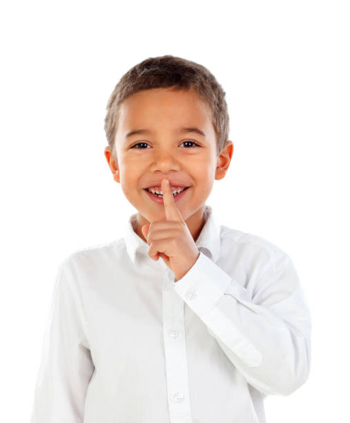 istock Cute kid has put forefinger to lips as sign of silence 1188678715