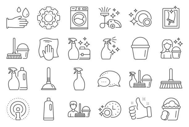 Cleaning line icons. Laundry, Sponge and Vacuum. Vector Cleaning line icons. Laundry, Window sponge and Vacuum cleaner icons. Washing machine, Housekeeping service and Maid cleaner equipment. Window cleaning, Wipe off, laundry washing machine. Vector bucket stock illustrations