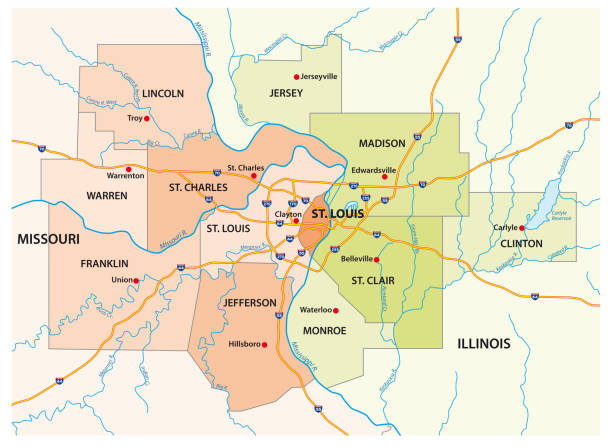 일리노이 와 미주리, 미국에서 큰 세인트 루이스 지역의지도 - new england region stock illustrations