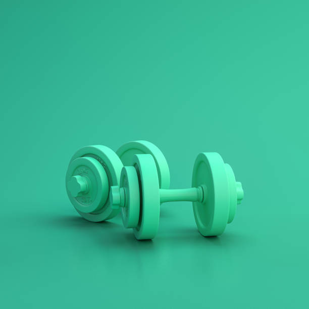 Green sport equipment dumbbells on green background, solid background, flat background, single color, 3d Rendering