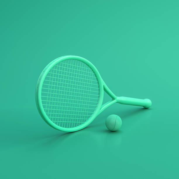 istock Green sport equipment tennis racket with a ball on green background, solid background, flat background, single color, 3d Rendering 1188685441